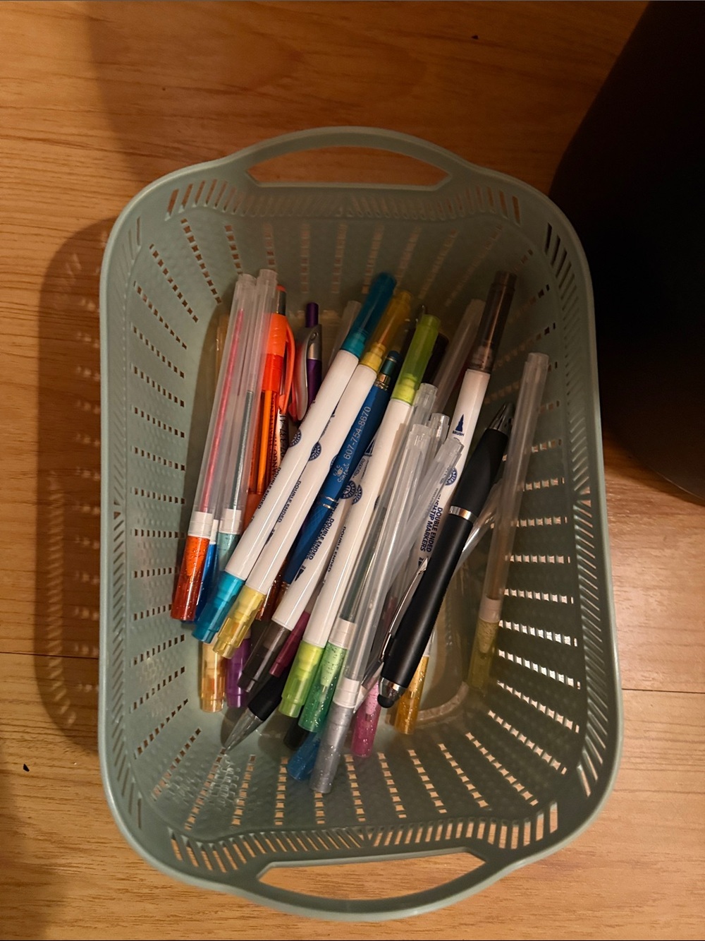 Light Mint Plastic Basket with Assorted Pens